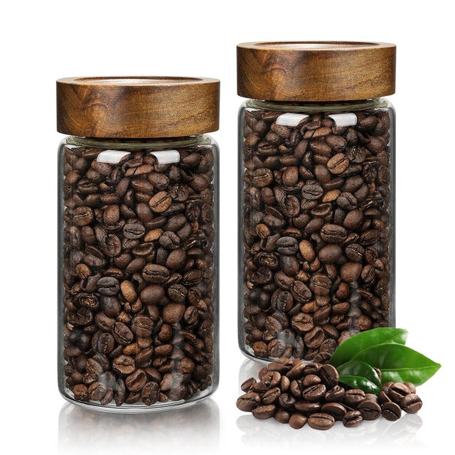 piconesper 2PCS Small Glass Storage Jars with Airtight Lids, 19.3 fl oz (560ml) coffee container with Wooden Lid, Glass Pantry Canister for Beans, Rice, Sugar and etc
