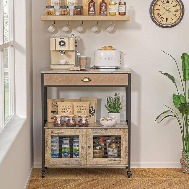 X-cosrack Large Coffee Bar Cabinet，3 Tiers Kitchen Coffee Cart with Drawer for The Home, Movable Farmhouse Coffee Station Table on Wheels for Living Room, Entryway, Dining Room, Kitchen