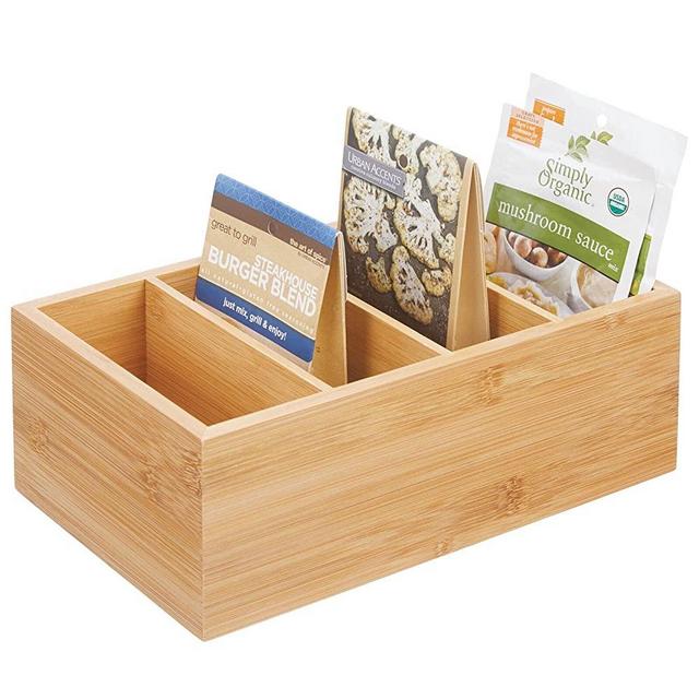 mDesign Bamboo Wood Compact Food Storage Organizer Bin Box - 4 Divided Sections - Holder for Seasoning Packets, Pouches, Soups, Spices, Snacks - Natural