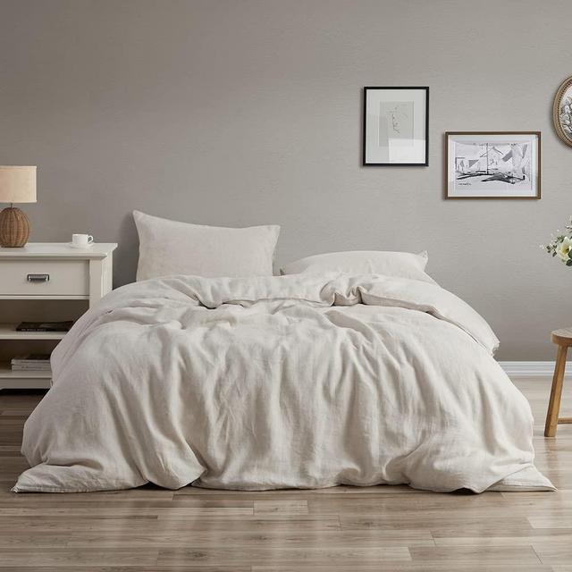 GIORCIS 100% Linen Duvet Cover King, Stone Washed Natural French Linen 8 Ties Duvet Cover, Soft Breathable Linen Bedding Zipper Closure with 2 Pillowcases (Natural Linen, King)