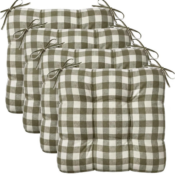 Geetery 4 Pack Chair Cushions for Dining Chair Kitchen Seat Pads with Ties Buffalo Plaid Soft Comfy Square Seat Pads for Home, Outdoor, Patio, Room (Olive Green)