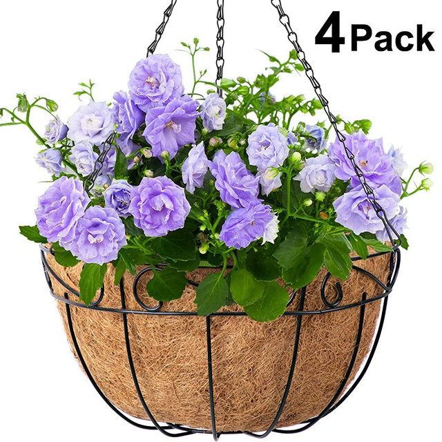 Amagabeli 4 Pack Metal Hanging Planter Basket with Coco Coir Liner 14 Inch Round Wire Plant Holder with Chain Porch Decor Flower Pots Hanger Garden Decoration Indoor Outdoor Watering Hanging Baskets