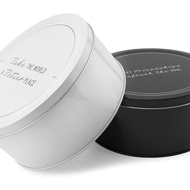 Decorae Cookie Tins (Set of 2, Black and White); Round Baking and Cake Tins for Special Occasion and Holidays, 7.75-Inch Wide by 3.6-Inch Tall