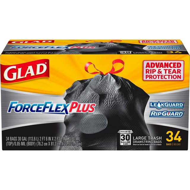 Glad Large Drawstring Trash Bags - ForceFlexPlus 30 Gallon Black Trash Bag - 34ct