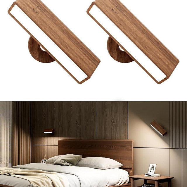 YiLaie Rechargeable Wall Sconces Set of 2,Walnut Battery Operated Wall Light with 360 Rotate,Dimmable Wireless Wall Sconce,Magnetic Wall Light for Bedroom,Cordless Wall Mount Light for Reading(2 Pack)
