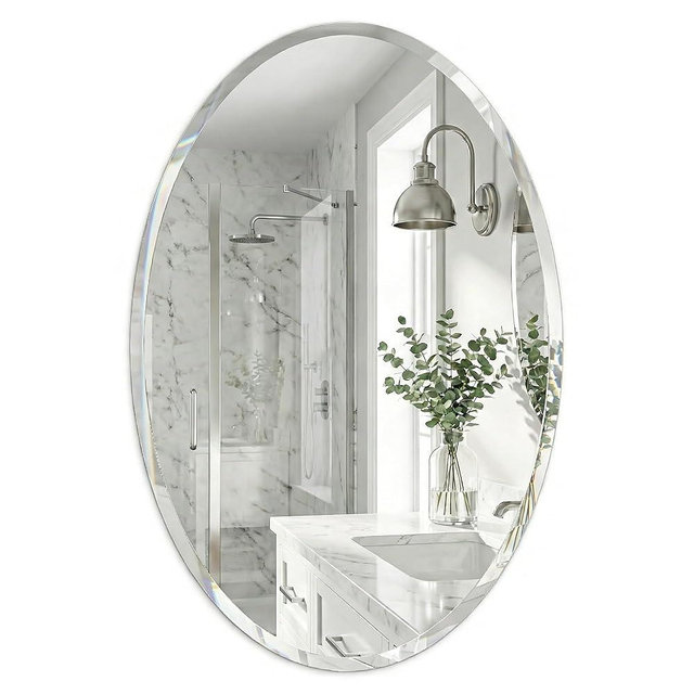 Pocetry 20"x28" Frameless Oval Bathroom Mirror, Beveled Vanity Mirror with Solid Backing, Flush Mount Wall Mirror for Small Powder Rooms, Over Sink & Entryway, Vertical/Horizontal Hang