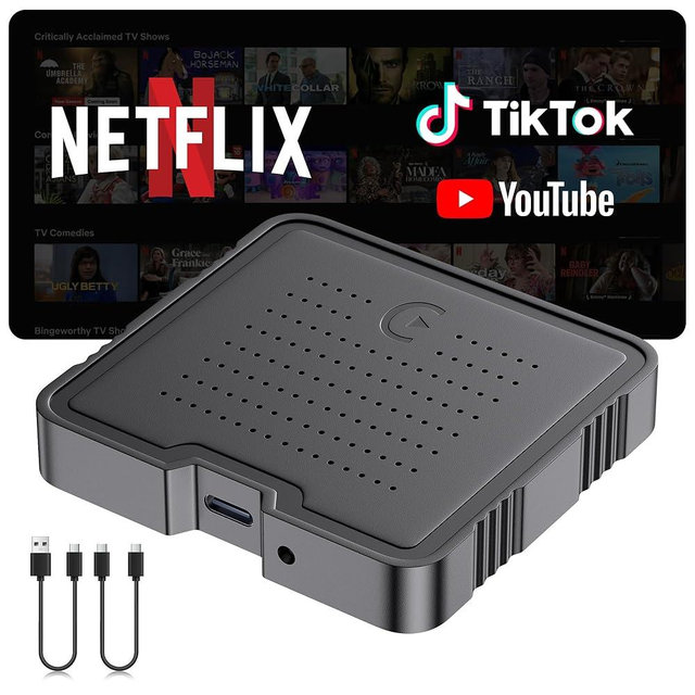 JanFir Wireless CarPlay Adapter 2025 Smart AI Box for iPhone & Android Auto | Streaming Entertainment Video Box with Support for TikTok Netflix YouTube TF Card | Plug & Play in-Car Multimedia System