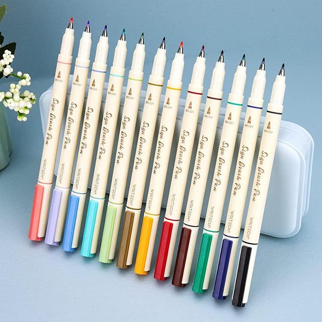 Writech Arts Sign Brush Pen Brush Tip Marker Felt Tip Water Based Ink Color Pens 12 Assorted Pastel Colors Great for Lettering, Journaling, Calligraphy (Natural)