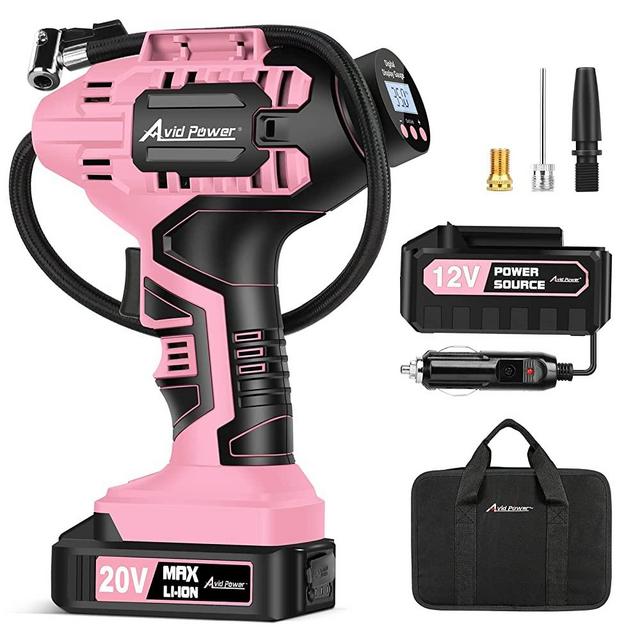 Avid Power Tire Inflator Air Compressor, 20V Cordless Car Tire Pump w/Rechargeable Li-ion Battery, Portable Tire Compressor w/ 12V DC Adapter, Digital Pressure Gauge, for Many Inflatables (Pink)