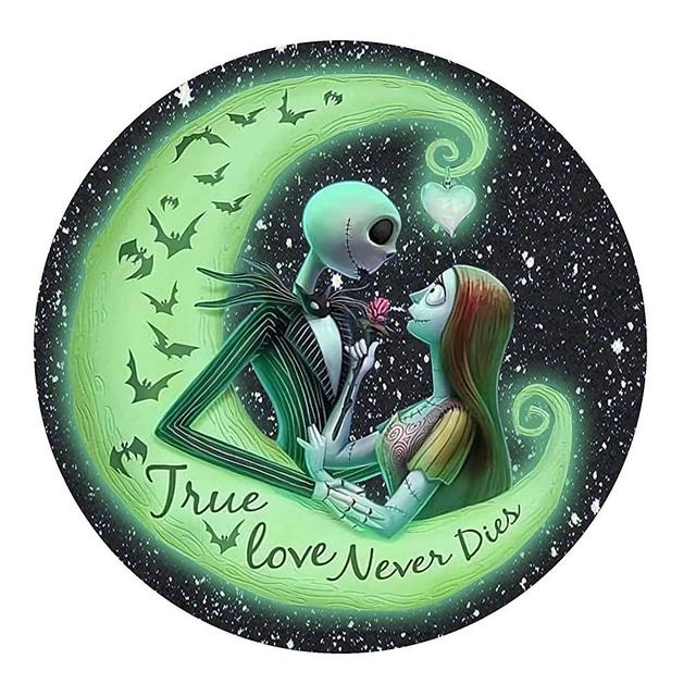 Round Metal Tin Sign Rustic Wall Decor Wall Plaque Jack and Sally Halloween Wreath Sign,Suitable for Home Garden Kitchen Bar Cafe Restaurant Garage Wall Decor Retro Vintage 12x12 Inch