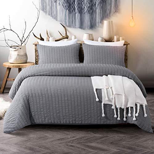 Cozyholy Seersucker Duvet Cover Set 3 Pieces Nature Style Water-Washed Microfiber Bedding Set with Zipper and Corner Ties (Dark Grey, Queen)