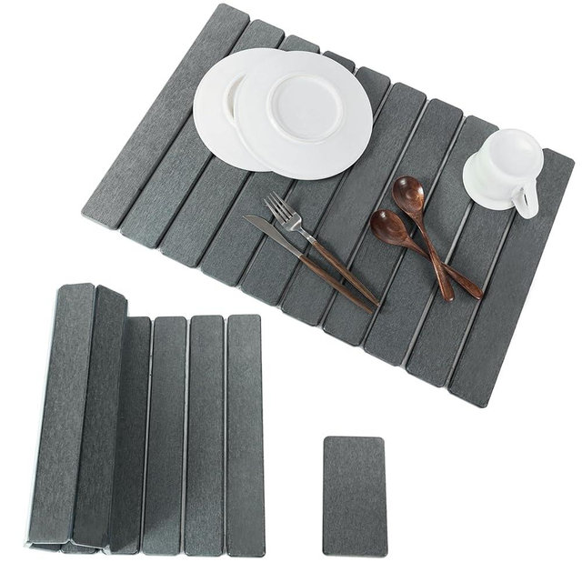 Nookawoo 2pcs Stone Dish Drying Mat for Kitchen Counter, Quick-Dry Diatomaceous Earth Water Absorbent Pad & Countertop Drainer, Home Essentials for Bath and Pets - Dark Grey, 24x16’’ & 8x4’’