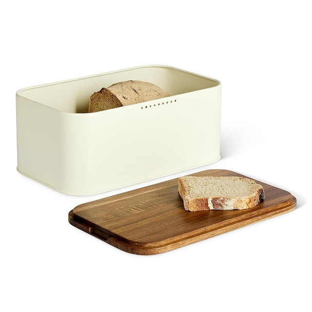 Amazon Basics Carbon Steel Bread Box with Acacia Wood Lid, Lid Doubles as Cutting Board, 11.9 x 7.1 x 5.2 in.