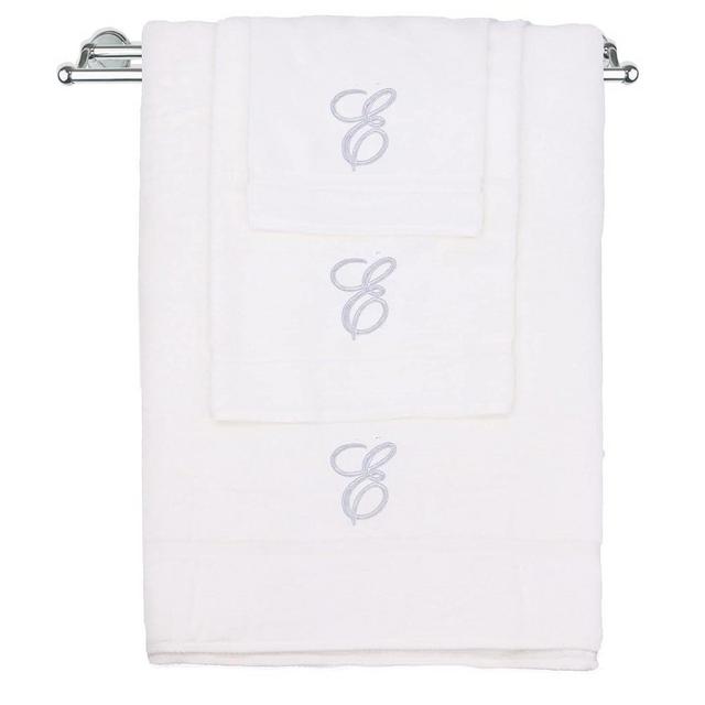 Monogrammed Towel Set, Personalized Gift, Set of 3- Silver Script Letter Embroidered Towel - Extra Absorbent 100% Turkish Cotton - Soft Terry Finish - Initial E White