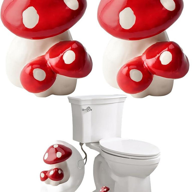 Mushroom Toilet Floor Bolt Caps, Ceramic Mushroom Toilet Bolt Covers, Cute Bathroom Decor, Fun Gadgets for The Toilet Easy Installation (Red Mushroom)