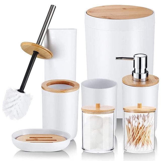SLDIYWOW 8 Pieces White Bathroom Accessories Set, Plastic Bathroom Set with Lotion Dispenser, Toothbrush Holder, Toothbrush Cup, Soap Dish, Toilet Brush, Trash Can and Qtip Holder Dispenser (White)