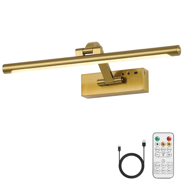 MKBNG Gold Battery Operated Wall Sconce with Remote - 3CCT Picture Lights for Wall, 270° Rotatable Lamp for Aura Frame Or Under Cabinet Lighting with Remote and Time