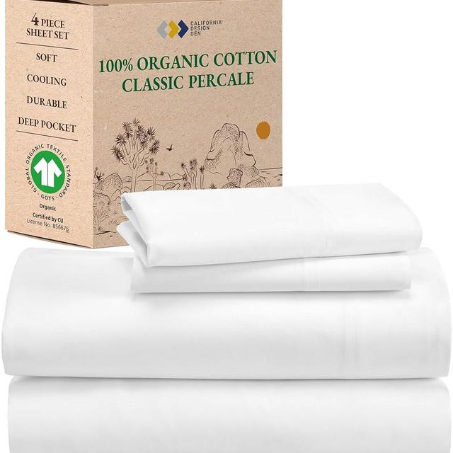 California Design Den Percale Full Size Sheet Sets, Deep Pocket 100% Organic Cotton Sheets, GOTS Certified, Soft, Breathable & Cooling Sheets Full Size Bed, White Sheets