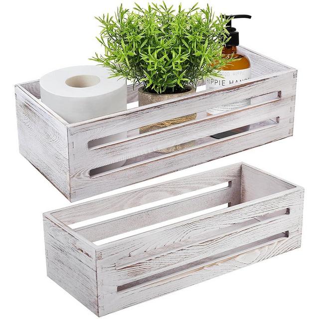 LotFancy Bathroom Decor Box, 2 Pack Wooden Toilet Paper Holder, White Toilet Storage Basket for Back of Toilet, Farmhouse Toilet Tank Topper