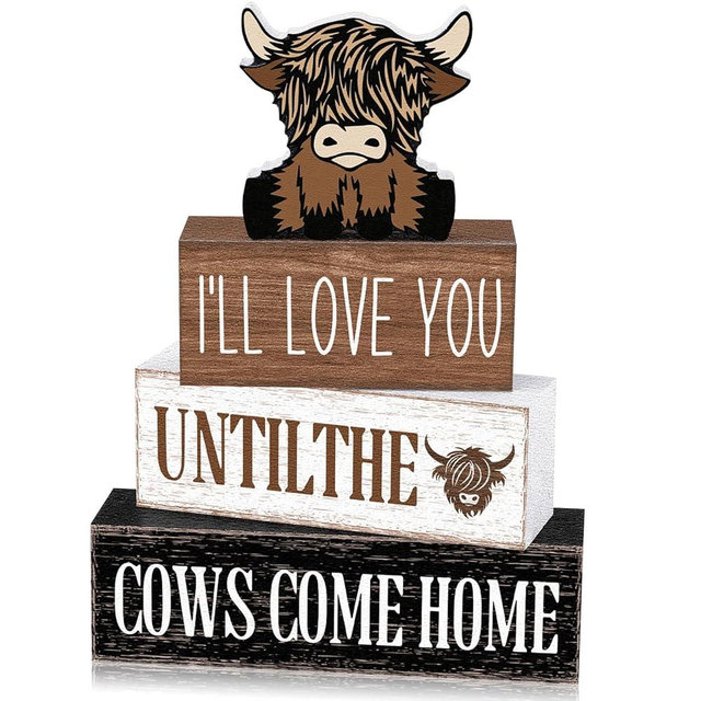 Marsui 4 Pcs Highland Cow Table Decorations Cow Wooden Signs Rustic Cow Tiered Tray Decor Western Tabletop Centerpieces Farmhouse Distressed Highland Cow Decor for Home Desk Room Kitchen Shelf Decor