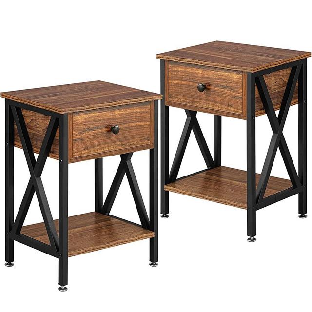 VECELO Modern Nightstands X-Design Side End Table Night Stand Storage Shelf with Bin Drawer for Living Room,Bedroom,Lounge,Set of 2, Rustic Brown A2