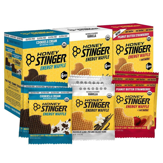 Honey Stinger Organic Energy Waffle Fan Favorites Variety Pack of 18, Vanilla, Cookies and Cream, 6 Pack Each of Peanut Butter Strawberry, Nutritious Stroopwafel Snack for Exercise, Cycling, Running