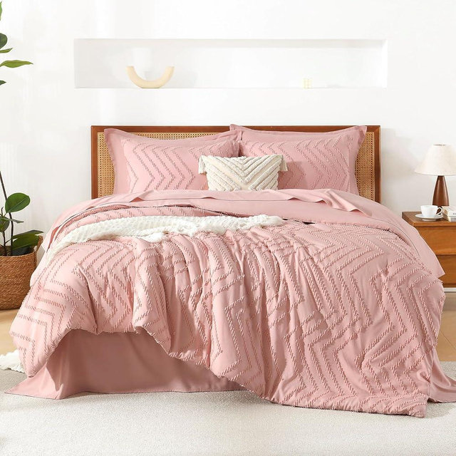 Litanika Blush Pink Queen Size Comforter Set with Sheets - 7 Pieces Bed in a Bag Queen Boho Tufted Complete Beddding Sets with Comforter, Sheets, Pillowcases & Shams