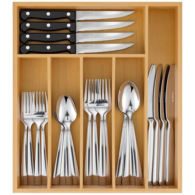 Csoravist 49-Piece Silverware Set with Bamboo Organizer for 8, Flatware Set with Steak Knives, Rust-Proof & Mirror Polished, Dishwasher Safe, Simplicity Line(organizer only for packaging)
