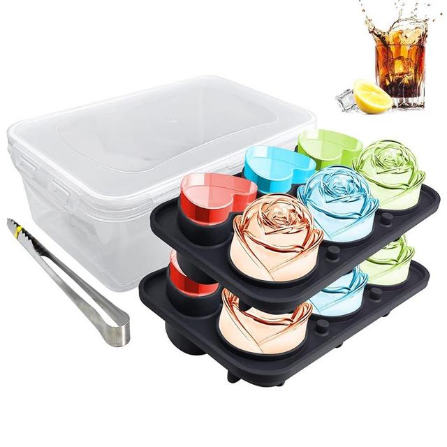 Aidacom Rose Heart Ice Cube Tray with Lid and Bin, Large Flower Heart Shape Ice Cube Mold for Chilling Cocktail, Whiskey Bourbon Juice, BPA Free