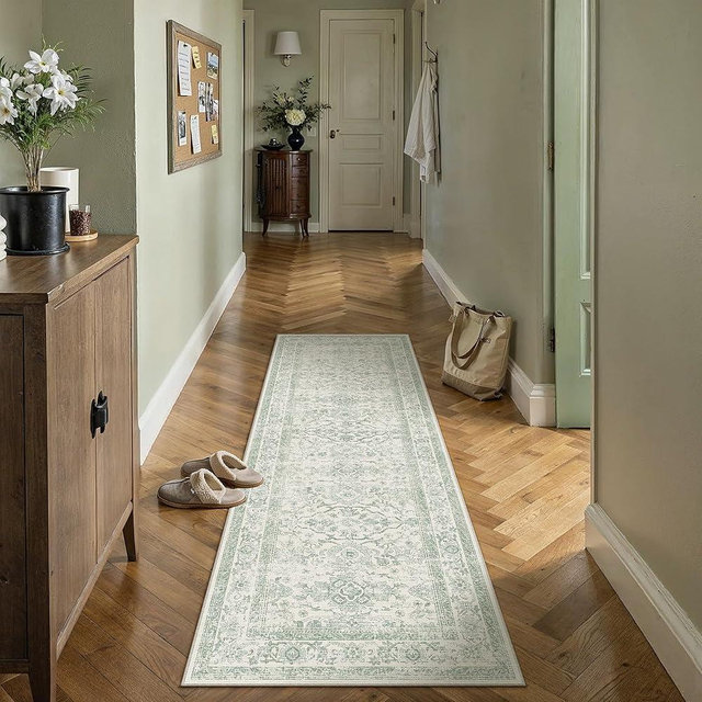 HUGEAR 2x6 Runner Rug Hallway Retro Light Green Machine Washable Vintage Floral Low Pile Carpet Vacuumable Distressed Long Throw Rug Bedroom Office Bathroom Kitchen Laundry Non Slip Soft Lightweight