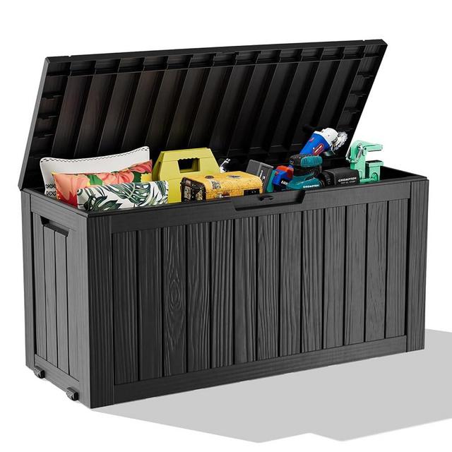 Outdoor Storage Box with Wheels – 75 Gallon Mobile Waterproof Resin Deck Box, Lockable Storage for Patio Cushions, Garden Tools, Pool Accessories – UV-Resistant Storage Bench for Backyard & Deck