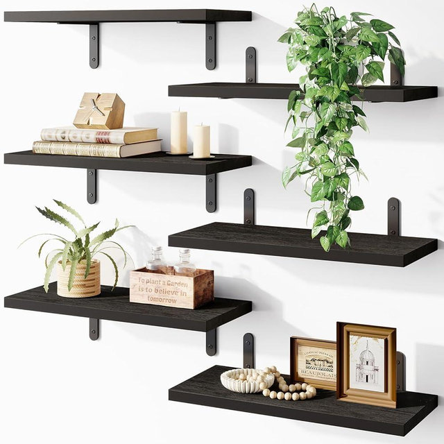 Fixwal Black Wall Floating Shelves for Bedroom, Shelves for Room Wall Set of 6, Wall Mounted Shelf for Bathroom, Kitchen and Living Room Storage- Black