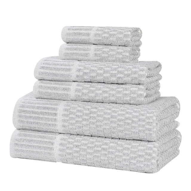 Viscose Cotton Blend Medium Weight Soft Textured Checkered Ribbed Border 6 Piece Towel Set, Platinum - Blue Nile Mills