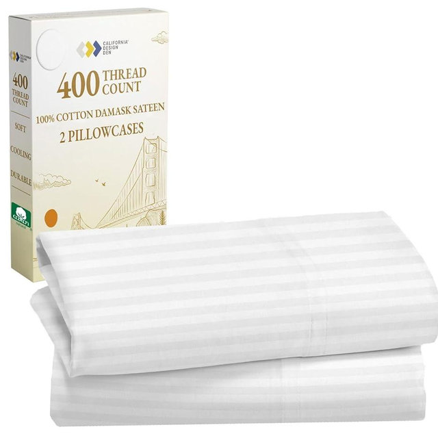 California Design Den King Size Pillowcase Set - 400 Thread Count, 100% Cotton Sateen, Luxury Set of 2 Pillow Covers, Breathable, Cooling, Soft for Comfortable Quality Sleep - Striped Bright White