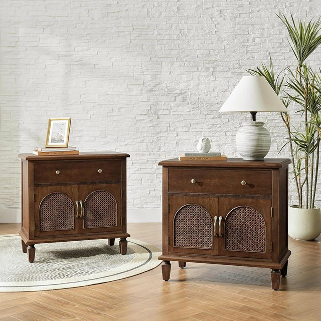 HULALA HOME Nightstand Set of 2, Rattan Nightstand Bedside End Table with Storage, Wood Nightstand with Charging Station, Traditional Nightstand with Drawer and Rattan Doors for Bedroom, Walnut