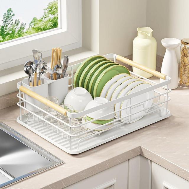 jouzevic Dish Racks for Kitchen Counter: Thickened Metal Materials, No Assembly, Wood Handles. Small Dish Drying Rack: Ideal for Small Households. Drying Rack Kitchen: White