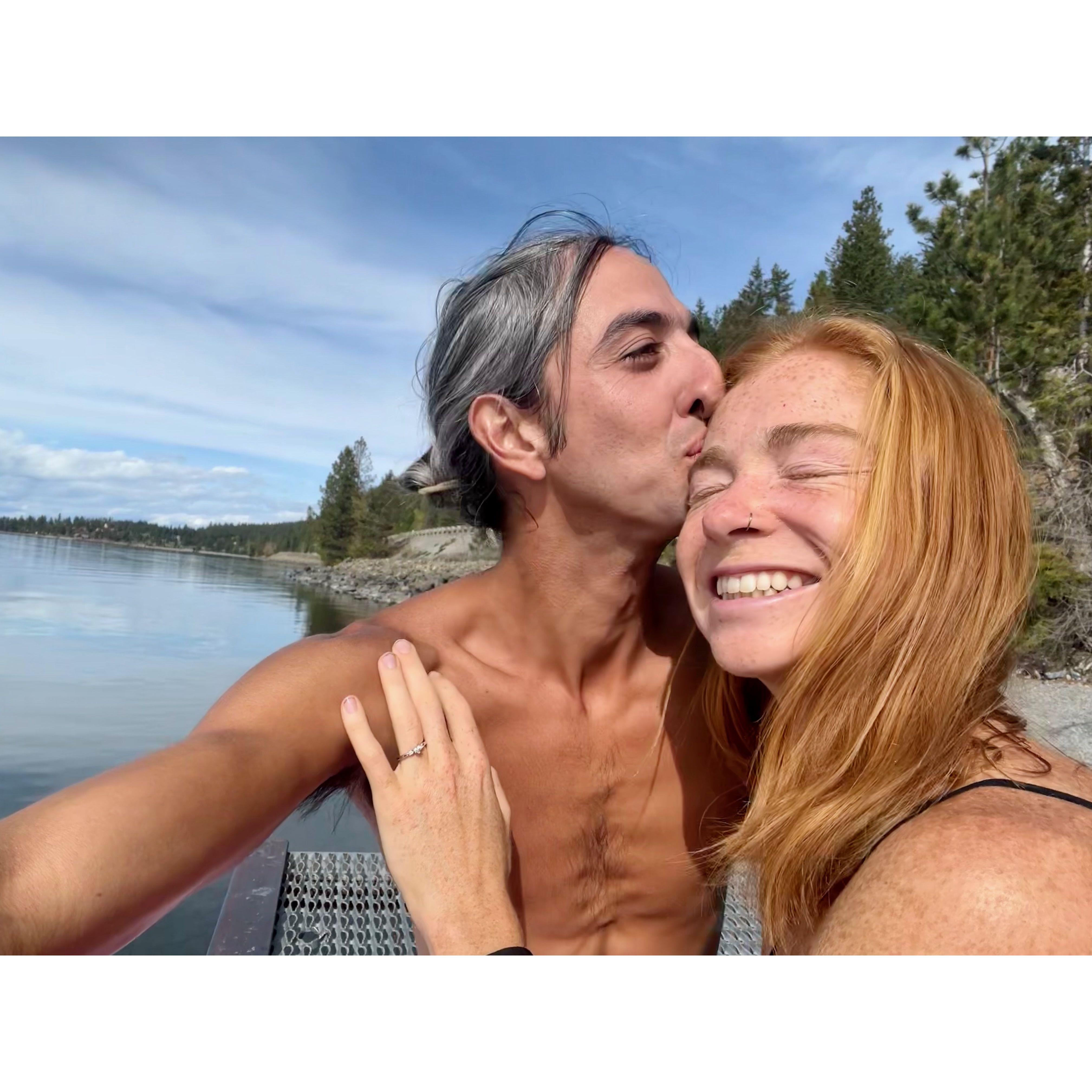 A recently engaged couple on Flathead lake