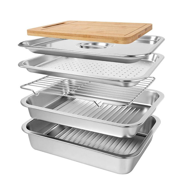 6-in-1 Grilling Prep and Serve Trays Set, 15.7" Stainless Steel Grill Carry System with Lid, Punched Tray, Draining Rack and Bamboo Cutting Board, BBQ Meat Marinade Container, Grilling Gifts for Men
