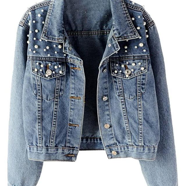 LifeShe Women's Embroidered Pearls Beading Denim Jean Jacket Coat