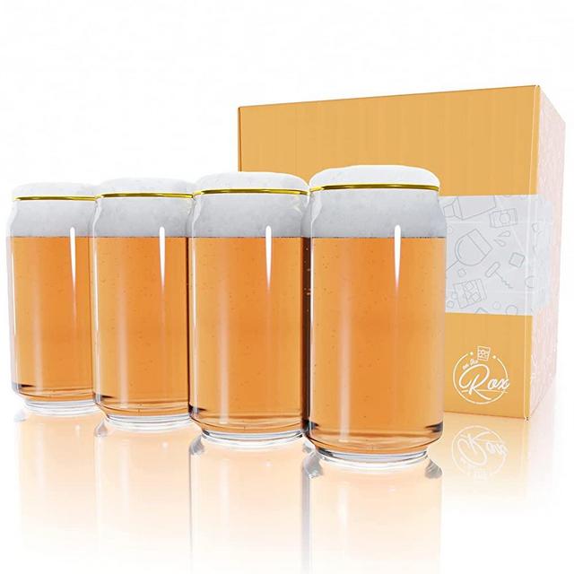Gold Rim Beer Can Glass 4-Piece Set- 16 Oz Can Shaped Beer Glass Cups - Soda Pop Can Shaped Beet Glasses are Nucleated for Better Tasting Beer