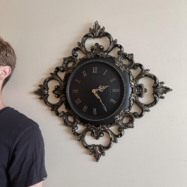 Large Gothic Wall Clock | Ornate Black and Gold Victorian Timepiece