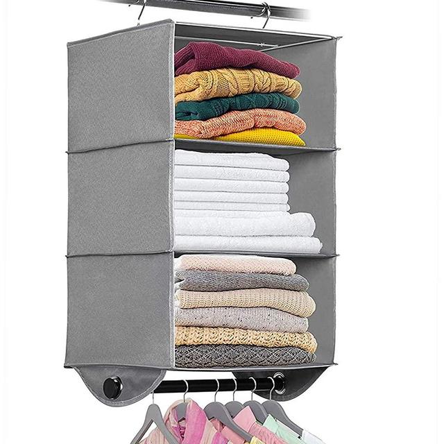 Hanging Closet Organizer with Garment Rod - 3 Section Heavy Duty Fabric Space Saver for Closets, Easy to Mount, Foldable Closet Storage Shelves, Grey with Black Metal Rod 12”W x 12”D x 29.5”H