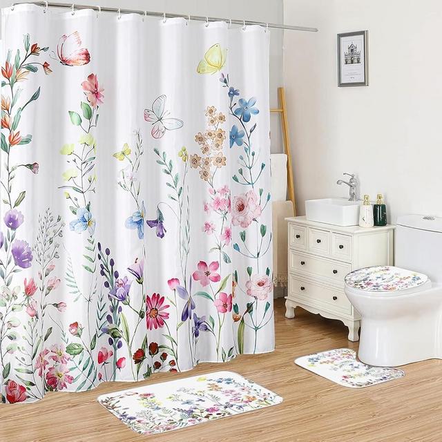 FUN WEEKEND 4 Pieces Shower Curtain Set with Non-Slip Rugs, Toilet Lid Cover and Bath Mat, 72”x72” Floral Fabric Shower Curtains, Durable Waterproof Bathroom Curtains Shower Set with 12 Hooks