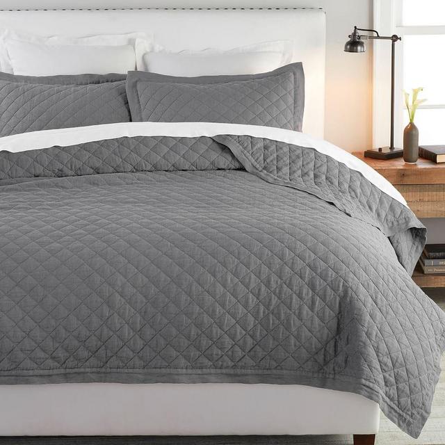 Charcoal Belgian Flax Linen Diamond Quilt & Shams, Full/Queen