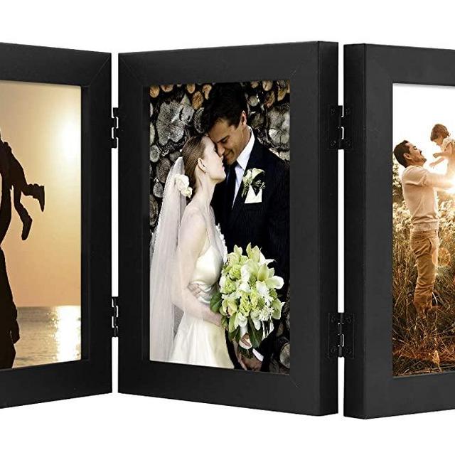 Golden State Art, 5x7 Three Picture Frame Trifold Hinged Photo Frame with 3 Openings, Desk Top Family Picture Collage, with Real Glass (Black, 1-Pack)