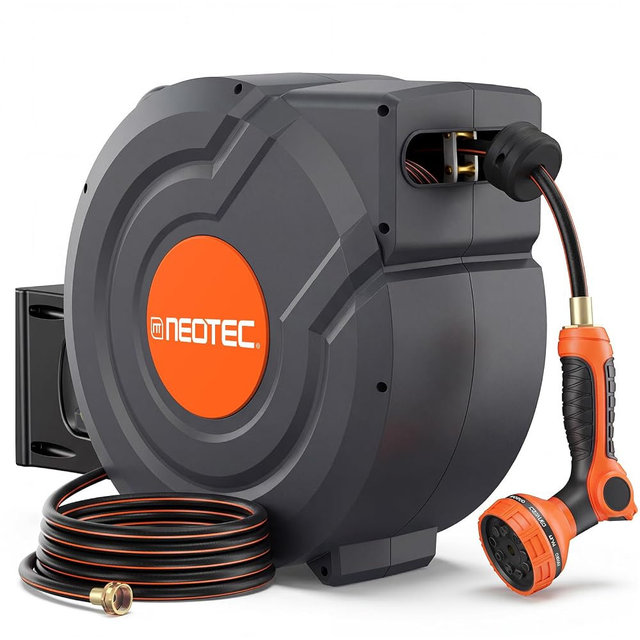 Upgraded Retractable Garden Hose Reel 5/8 inch x 100 ft Wall-Mounted 9 Pattern Nozzle Any Length Lock Automatic Slow Return 180° Swivel UV Resistant Heavy Duty Hose Reels for Outside