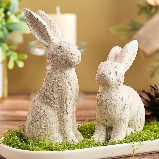 AOMOONOA Beige Easter Bunny Decor, Bunny Figurines Set of 2, Resin Rabbit Decor with Stone-Look Finish, Vintage Bunnies Statue for Spring Table Centerpiece, Rustic Home, Farmhouse Mantle Shelf Decor