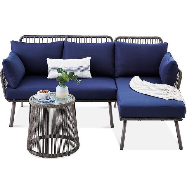 Best Choice Products Outdoor Rope Woven Sectional Patio Furniture L-Shaped Conversation Sofa Set for Backyard, Porch w/Thick Cushions, Detachable Lounger, Side Table - Gray/Navy