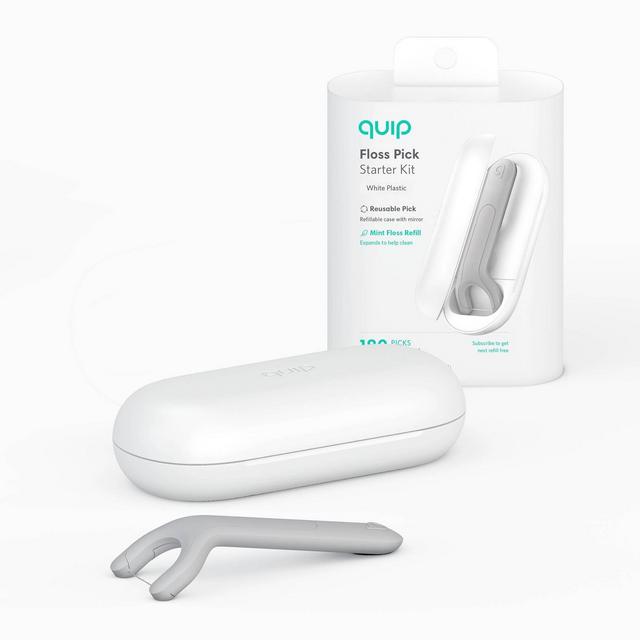 quip Plastic Refillable Floss Pick Starter Kit - Reusable Pick + Dispenser - 180-Use / 7.6 yd / 7 m Refill Included - White