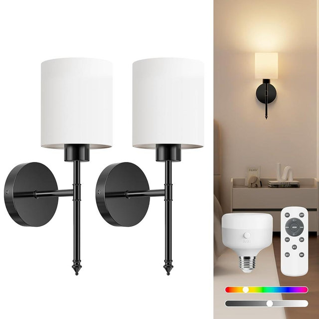 NIORSUN 15 inch Battery Operated Wall Sconce Set of 2, Black Wireless Rechargeable Wall Lights with 5200mAh Dimmable Detachable Bulbs and Remote, 9 Colors Sconces Wall Decor for Bedroom Living Room